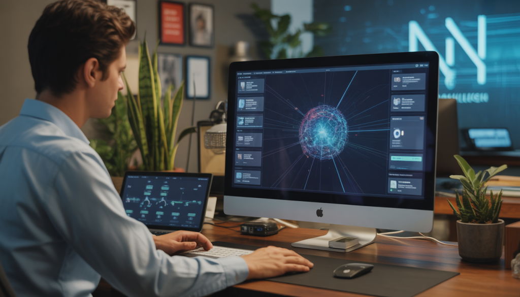 Écran d'ordinateur affichant un workflow n8n avec des nœuds connectés dans une interface colorée