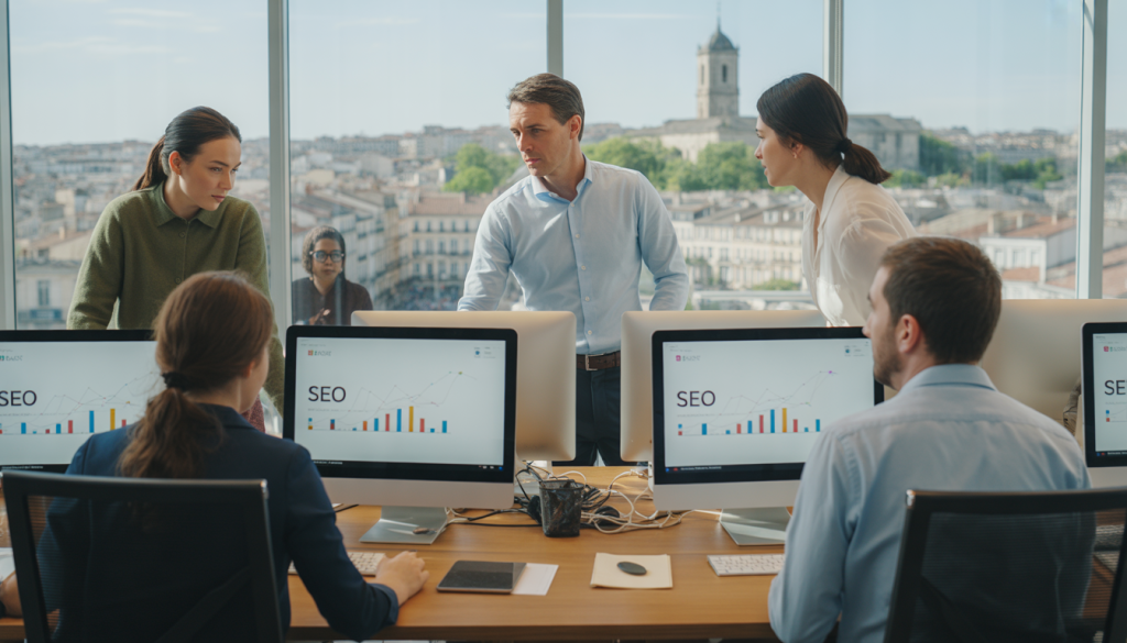 Professionnels collaborant dans un bureau moderne avec vue sur Bordeaux et écrans affichant des données SEO