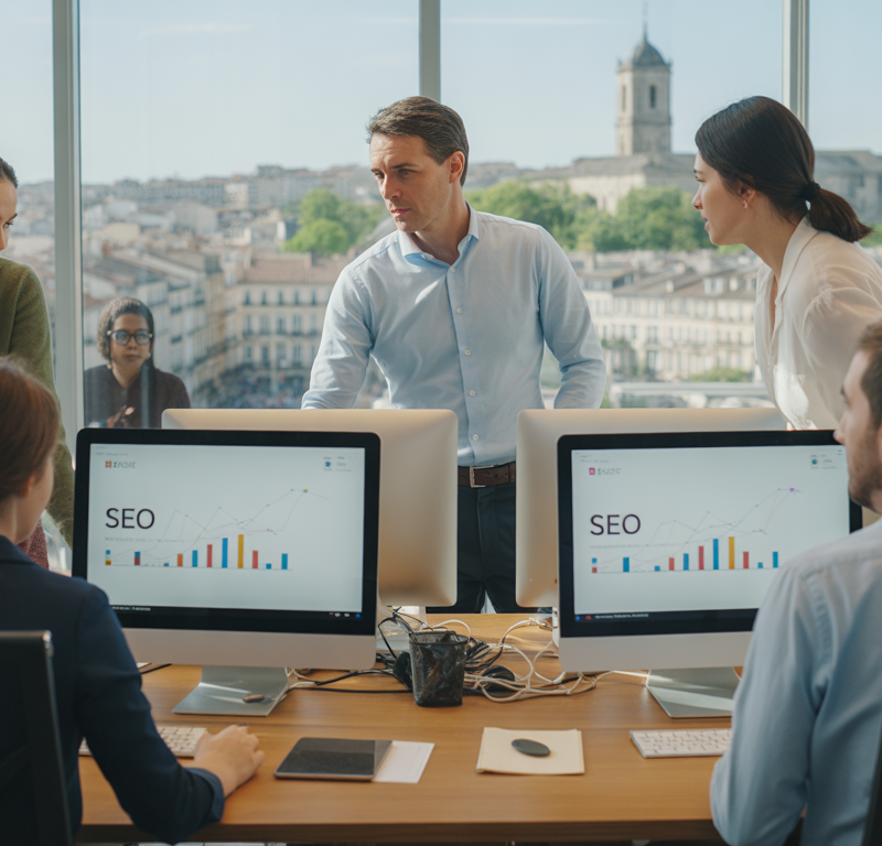 Professionnels collaborant dans un bureau moderne avec vue sur Bordeaux et écrans affichant des données SEO