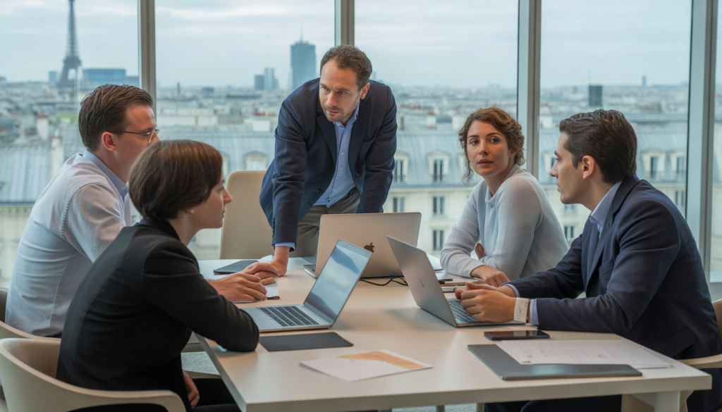 Professionnels en réunion autour d'ordinateurs dans un bureau à Paris avec vue sur la ville