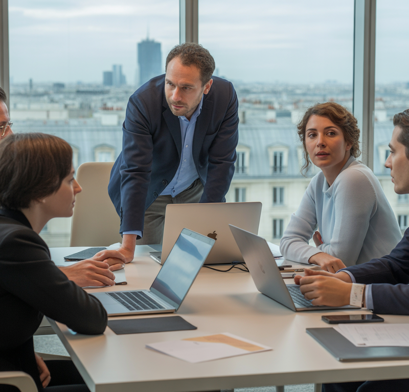 Professionnels en réunion autour d'ordinateurs dans un bureau à Paris avec vue sur la ville