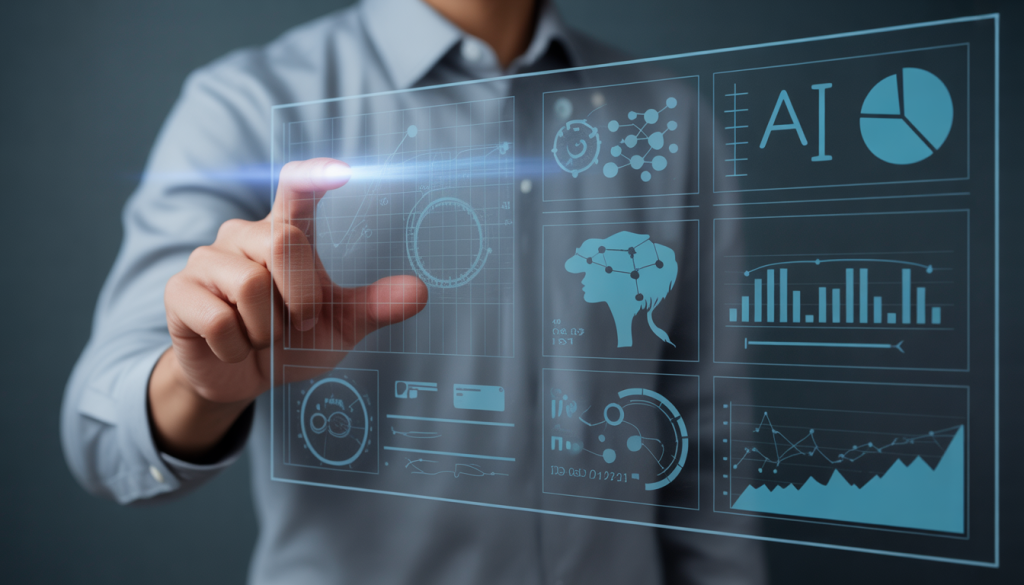 Interface numérique futuriste avec icônes d'IA, graphiques de données et symboles d'automatisation