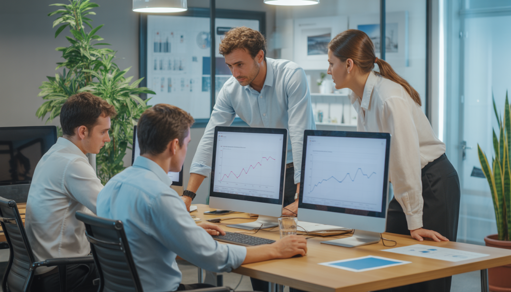 Équipe d'experts SEO travaillant dans un bureau moderne à Montpellier avec écrans affichant des graphiques de performance