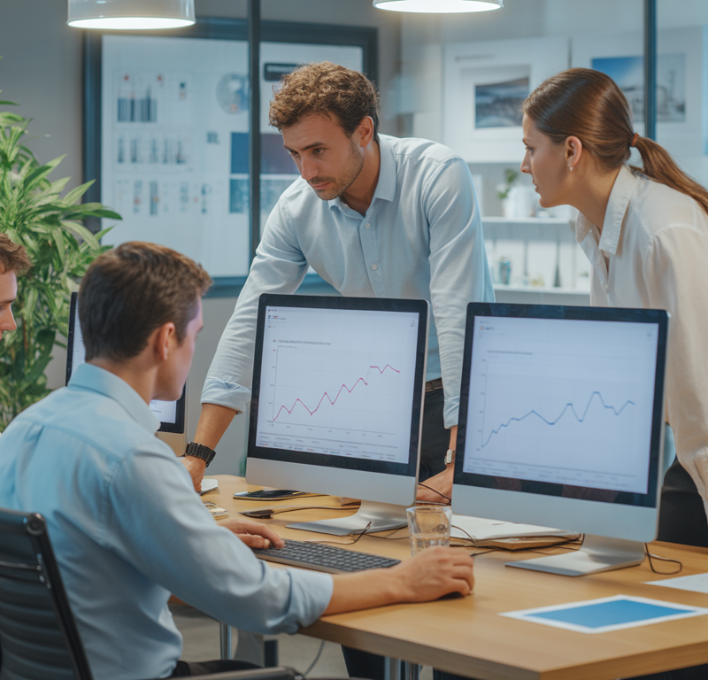 Équipe d'experts SEO travaillant dans un bureau moderne à Montpellier avec écrans affichant des graphiques de performance