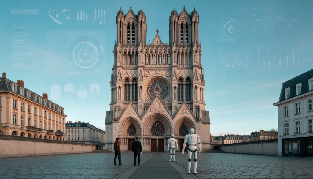 Humans and robots working together near Reims Cathedral with technology visuals