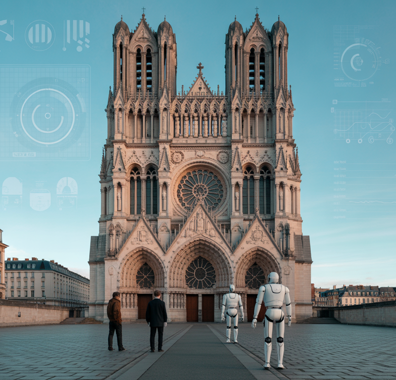 Humans and robots working together near Reims Cathedral with technology visuals