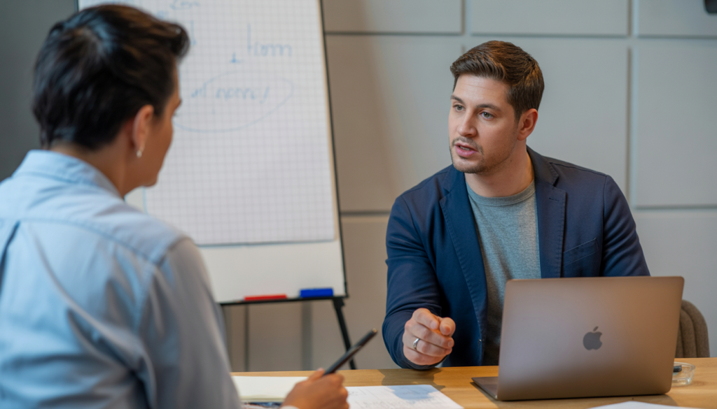 Coach SEO discutant avec un client dans un bureau moderne