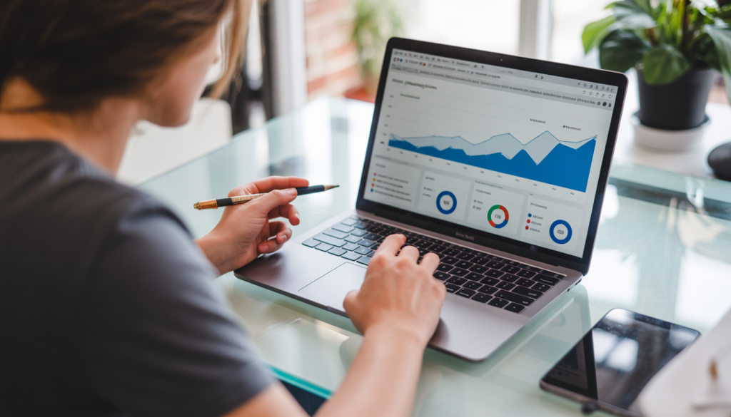 Personne travaillant la formation SEO sur un ordinateur portable affichant des graphiques d'analyse