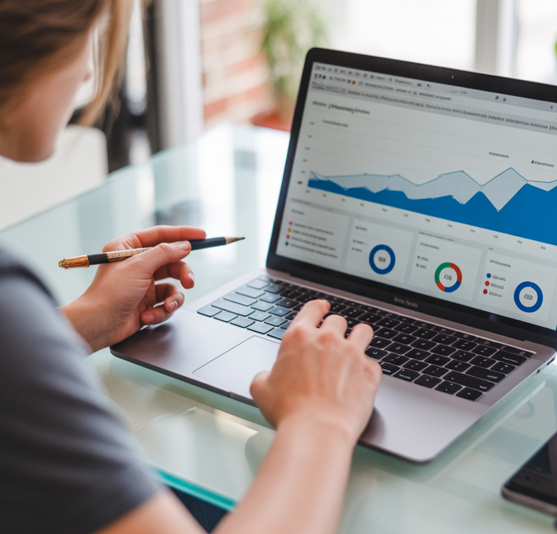 Personne travaillant la formation SEO sur un ordinateur portable affichant des graphiques d'analyse