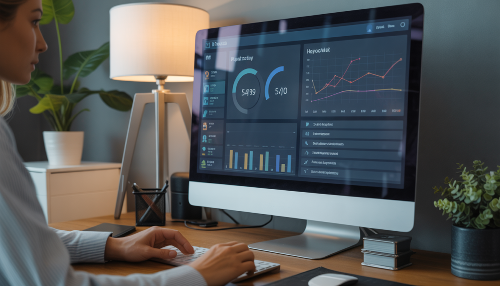 Photorealistic computer screen showing an SEO audit dashboard with charts and keyword analysis in a dark mode interface