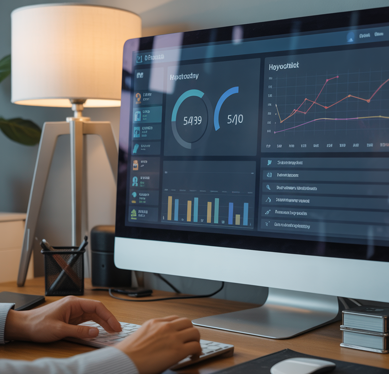 Photorealistic computer screen showing an SEO audit dashboard with charts and keyword analysis in a dark mode interface
