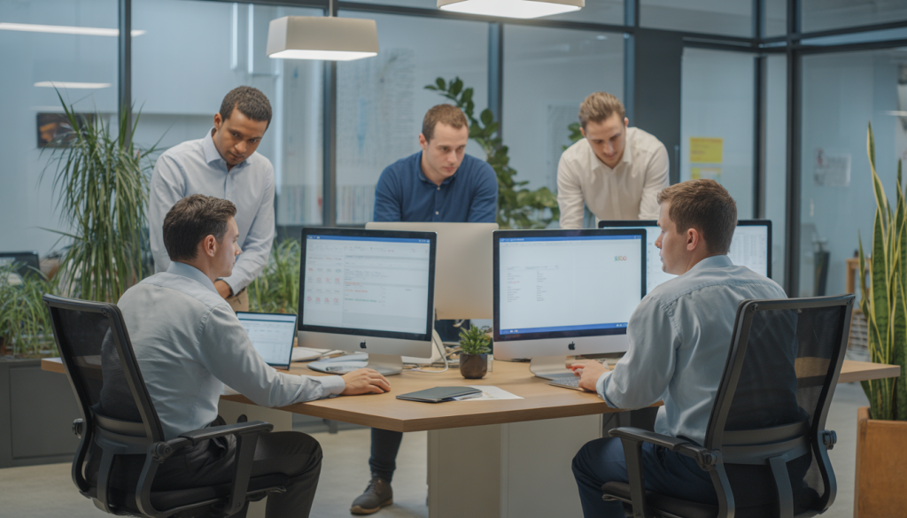 Équipe d'experts SEO analysant des données sur écrans