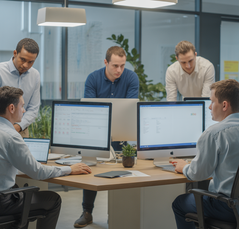 Équipe d'experts SEO analysant des données sur écrans