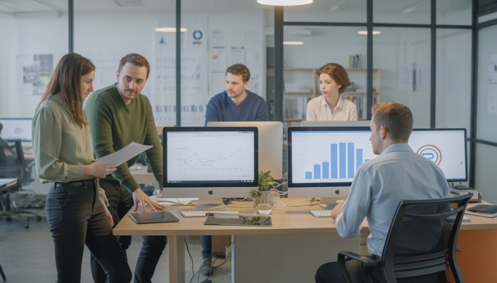 Professionnels dans un bureau lumineux collaborant sur une stratégie SEO