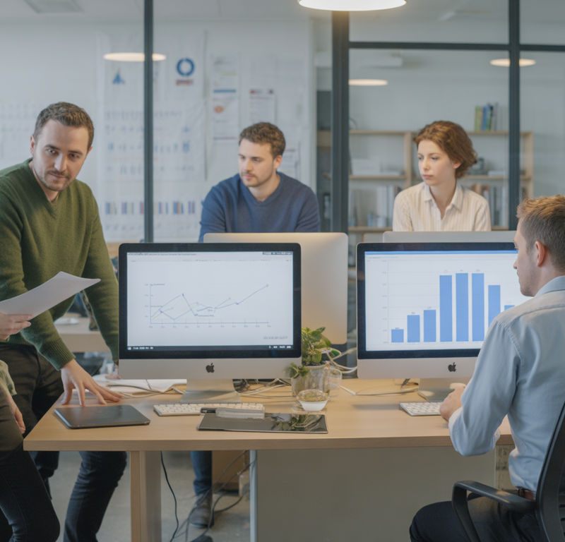 Professionnels dans un bureau lumineux collaborant sur une stratégie SEO