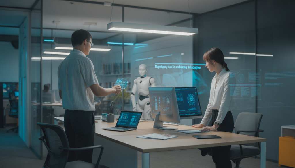 Modern AI agency office with robots and humans, cyberpunk style