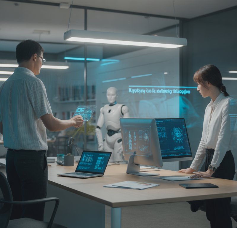 Modern AI agency office with robots and humans, cyberpunk style