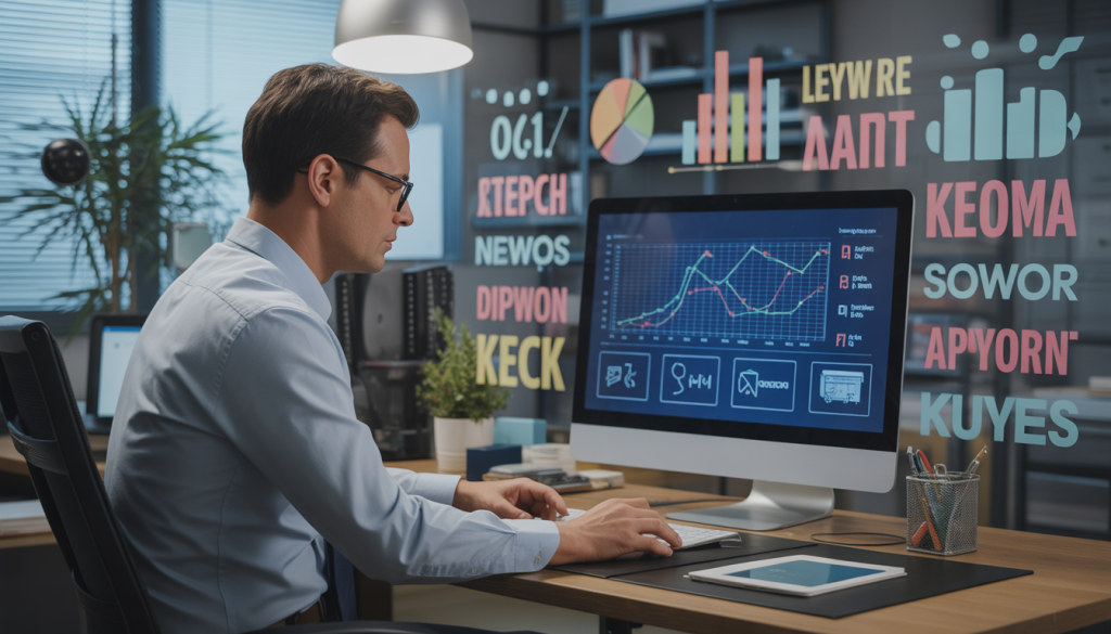 Consultant SEO concentré devant un grand écran affichant des graphiques et données numériques