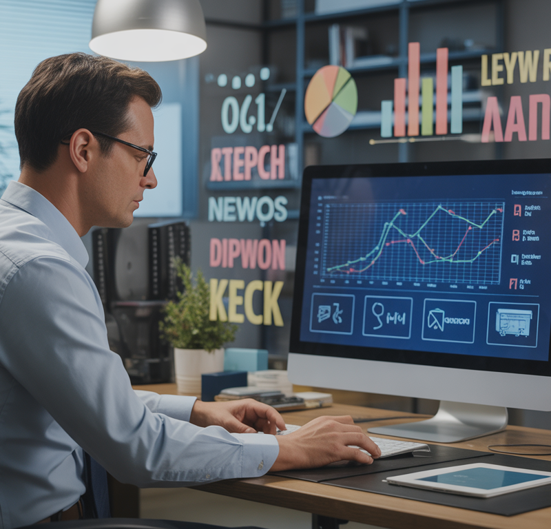 Consultant SEO concentré devant un grand écran affichant des graphiques et données numériques