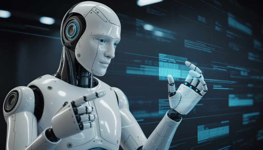 Photorealistic futuristic AI robot with glowing data streams