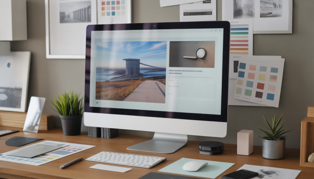 Écran d’ordinateur affichant un site web en cours de création avec maquettes UI et palettes de couleurs