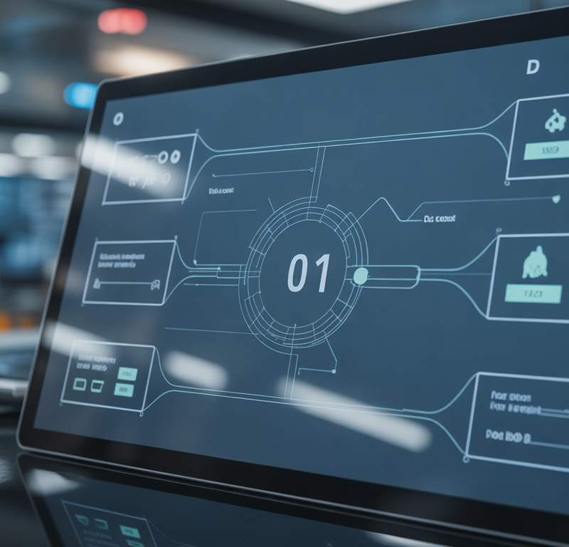 Tableau de bord digital futuriste avec flux de données et UI épurée
