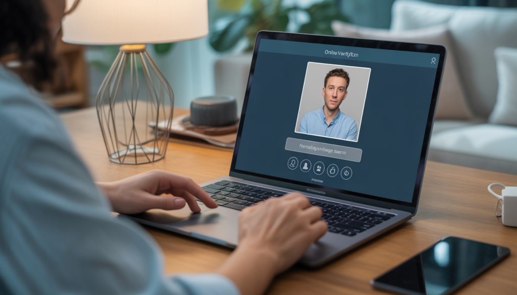 Person using laptop with online verification tool in modern office