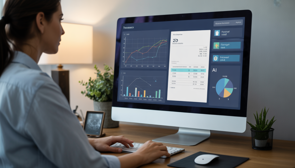 Photorealistic desktop showing AI-powered accounting software with financial graphs and analytics panel
