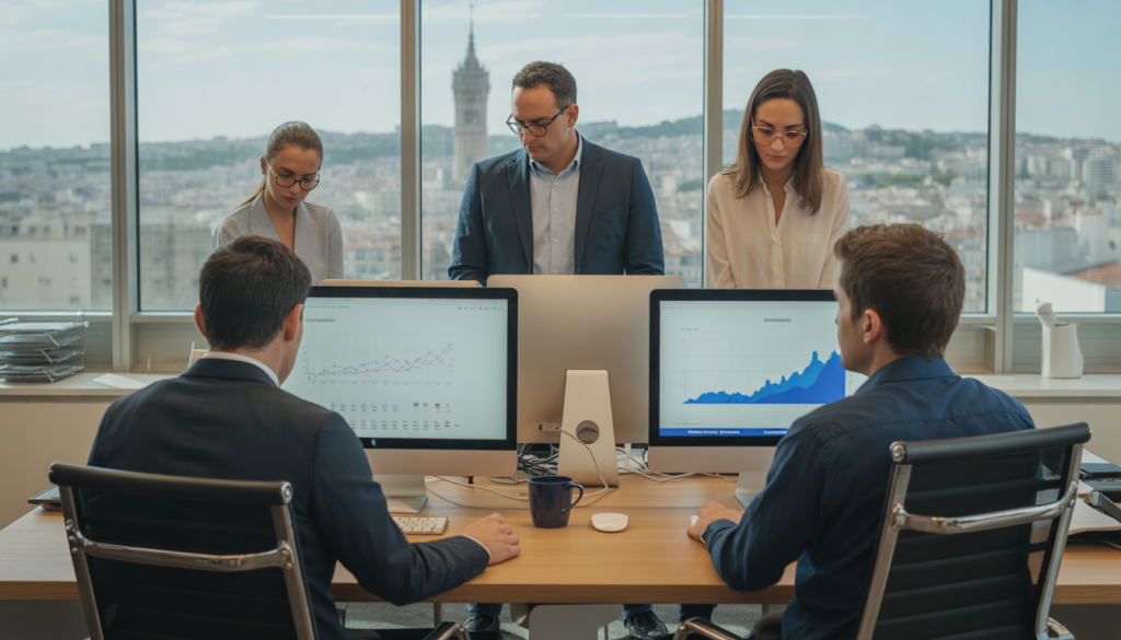 Spécialistes SEO travaillant dans un bureau à Marseille avec vues urbaines