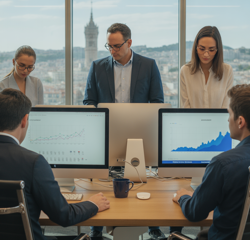 Spécialistes SEO travaillant dans un bureau à Marseille avec vues urbaines
